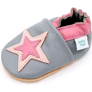 Dotty Fish zachte lederen babyschoenen met antislip suède zolen. Meisjes. Grijze en roze ster. 18-24 maanden.