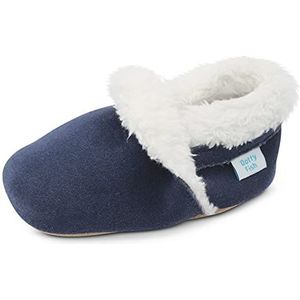 Dotty Fish Zachte suède slippers voor baby's en kinderen – jongens en meisjes, antislip zachte zolen, warme fleece gevoerde huisschoenen, elastische enkels - Marineblauw 4-5 Jaar