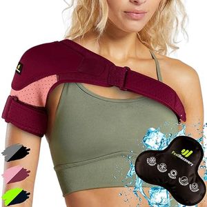 Schouderbrace met Gel Warm-Koud Kompres Damen & Heren - Sport Schouder Brace Rotatormanchetten bij Ontwrichting & Peesontsteking - Neopreen Schouderbandage Linker- en Rechterarm (Bordeaux, S/M)