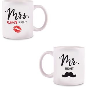 thumbnail: Mr Right & Mrs Always Right Keramische Koffiemokken Set - 2x 13 Oz Met Deksel & Lepel, Marmeren Design