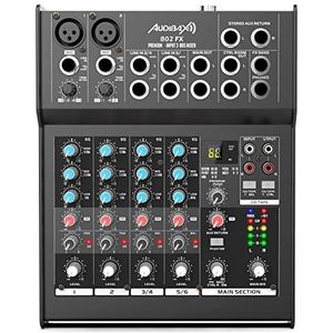 Audibax 802 FX 6-kanaals DSP effecten audio mixer met 79 programma's 2 stereo jack-ingangen 3-bands equalizer voeding 48V Phantom Power