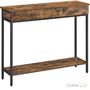 furnibella - Console tafel, hal tafel, bijzettafel, bank tafel met 2 laden, stalen frame, hal, woonkamer, industrieel ontwerp, vintage bruin-zwart LNT015B01