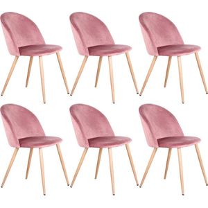 Manzibo Set van 6 Stoelen  - Luxe Eetkamerstoel - Eetkamerstoelen -  6 stoelen - Voor keuken of huiskamer - Moderne look - Fluweel - Velvet - Roze