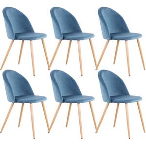 Set van 6 Stoelen - Luxe Eetkamerstoel - Eetkamerstoelen - 6 stoelen - Voor keuken of huiskamer - Moderne look - Fluweel - Velvet - Blauw