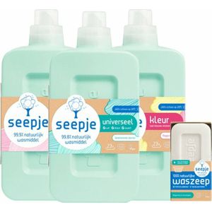 Seepje Wasmiddel Universeel - Kleur - Wol & Fijn - 3 x 1L - 69 wasbeurten - Waszeep Blok/Vlekverwijderaar - 120 gr