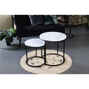 Industriële Salontafel set XL - Marmer Look Wit Set van 2 - Ø 50 x hoog 52 cm / Ø 40 x 42 cm Wit / Ronde Bijzettafel / Industrieel / Salontafels / Tafel Rond / Salon Woonkamer / Zwarte Accessoires / Vintage Eetkamer Industriele Koffietafel Huiskamer