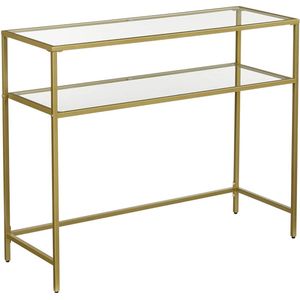 NaSK - Console tafel, bijzettafel met 2 planken, 100 x 35 x 80 cm, gehard glas, opbergrek, metalen frame, verstelbare poten, voor woonkamer, gang, gouden