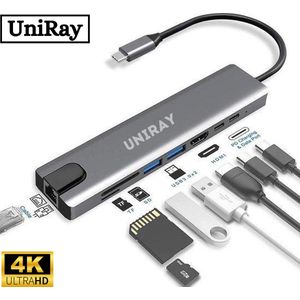 UniRay 8-in-1 - Hub - Geschikt voor Apple Macbook Pro / Air / iMac / Mac Mini / Google Chromebook / Windows / HP / ASUS / Lenovo - Type-C Kabel naar 4K UHD HDMI Converter - Ethernet - Thunderbolt 3 - USB 3.0 / Docking station / Dockingstation