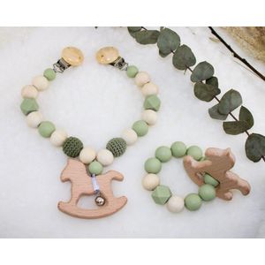 Giftset - Kraamcadeau - Wagenspanner  - Bijtring - Siliconen - Hout - Paard - Groen