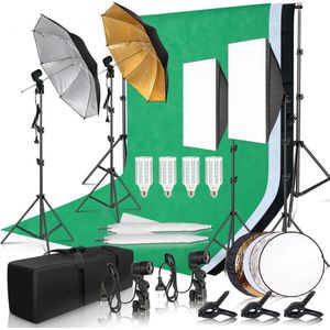 Fotostudio Set | 3 Kleuren Achtergrondscherm | Verlichting | Green Screen | 2x Softbox | 2x Paraplu | LED Lampen | Studiolamp | Reflector