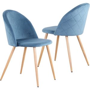 Set van 2 Fluwelen Stoelen - Eetkamerstoel - Eetkamerstoelen - Houten poten - 2 stoelen - Voor keuken of huiskamer - Moderne look - Velvet - Blauw