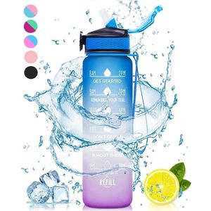 H-Bay Motivatie waterfles met tijdmarkering | Sport waterfles | Drinkfles met rietje | Tritan waterflessen | Lekvrije sportfles | 1 Liter waterfles | Motivatie waterfles | Motiverende drinkfles | drinkflessen | BPA vrij | Cadeau | Blauw Roze