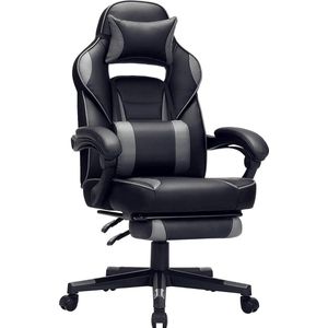 Gaming chair, bureaustoel met voetsteun, bureaustoel met hoofdsteun en lendenkussen, in hoogte verstelbaar, ergonomisch, 90-135° kantelhoek, tot 150 kg draagvermogen, zwart-grijs