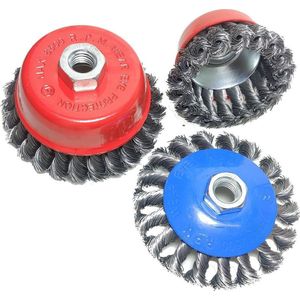 Kom en plat Staalborstel 3 delig set Getordeerd Komborstel 75 & 100mm M14 geschikt voor haakse slijper