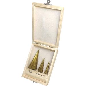 HSS Trappenboor Stappenboor plaatfrezen bit boorset stappen boor kegelboor set 6 delig 4-32 MM titanium in houten kistje