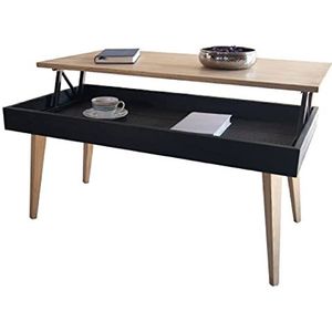 LoMasCasa - in hoogte verstelbare salontafel met lade model Karol in Scandinavische stijl met houten afwerking en zwart, massief natuurlijk hout, afmetingen: 100 x 50 x 47 cm