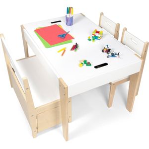 BeBoonz Kindertafel en stoeltjes mét kinderbankje – Kindertafel met opbergruimte, 2 kinderstoeltjes en kinderbankje met opbergruimte- Multifunctioneel: spelen / opbergen / omkeerbaar werkblad/ extra zitgedeelte - speelhoek-  Beboonz Storage compleet