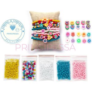 Zelf sieraden maken kralen pakket - Armbandjes en enkelbandjes – Hartjes en bloemetjes figuurkralen - 4mm rocailles – Geel, roze, turquoise, wit, Ibiza mix - Kinderen en volwassenen – Klei kralen – Fimo kralen – Polymeer kralen – DIY