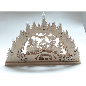 Kerstrap-kerstboog houtsnijwerk met bos rendieren wolf en stal