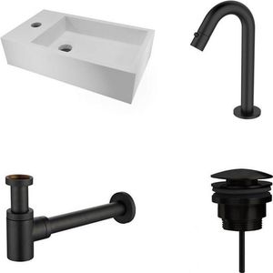 Diamond Line Nila - Fonteinset Links - Wit - Solid Surface - Rechthoek - 40x22x10cm - Incl. Toiletkraan Clickwaste Sifon - Mat Zwart