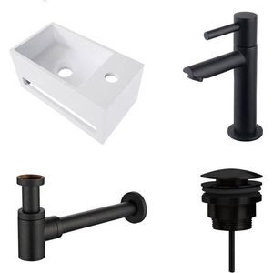 Diamond Line Yano - Fonteinset Rechts met Handdoekhouder - Wit - Solid Surface - Rechthoek - 36x20x16cm - Incl. Toiletkraan Hendel Clickwaste Sifon - Mat Zwart