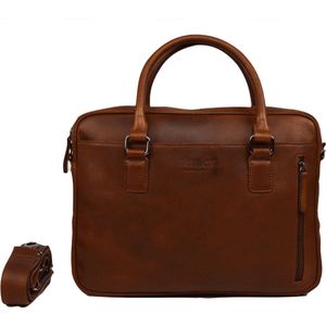 DSTRCT Premium Collection Leren Business Laptoptas - 14 inch laptopvak met rits - Inclusief onderhouspakket - Cognac