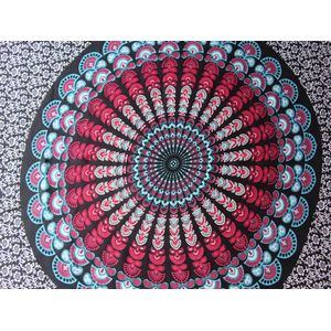 Sarong, hamamdoek, pareo figuren bloemen patroon lengte 115 cm breedte 165 kleuren zwart wit rood roze blauw versierd met franjes.