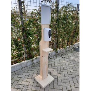 Desinfectiezuil / Zuil met automatische no-touch dispenser van nieuw steigerhout – Houten desinfectiepaal met drop dispenser voor alcohol, vloeistof en gel – inclusief clicklijst