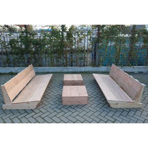 Set van 2 bankjes 180cm & 2 tafels “Sauna” van douglas hout – relax bank set – Loungebank – Lage zetel – 6 persoons