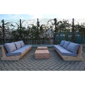 Set van 2 bankjes 180cm & 2 tafels “Sauna” van douglas hout –  Licht grijze kussens - relax bank set – Loungebank – Lage zetel – 6 persoons