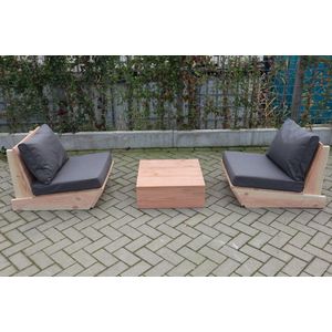 Set van 2 bankjes 60cm & tafel “Sauna” van douglas hout – Antraciete kussens – relax bank set – Loungebank – Lage zetel - 2 persoons