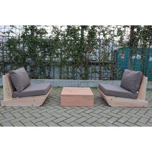 Set van 2 bankjes 60cm & tafel “Sauna” van douglas hout – Taupe kussens – relax bank set – Loungebank – Lage zetel - 2 persoons