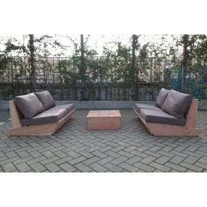 Set van 2 bankjes 120cm & tafel “Sauna” van douglas hout – Taupe kussens – relax bank set – Loungebank – Lage zetel - 4 persoons