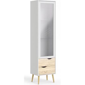 Hioshop Napoli vitrinekast met 1 deur en 2 lades wit|eiken decor.