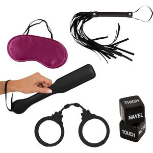 BDSM Starters Pakketje - Beginners Bdsm Pakketje met Blinddoek - Paddle - Zweepje -Dobbelstenen- Handboeien