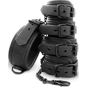 Complete Bondage Set  - Zwart - Halsband - Handboeien - Enkelboeien - Gemaakt van degelijk kunstleer - Gespsluitingen