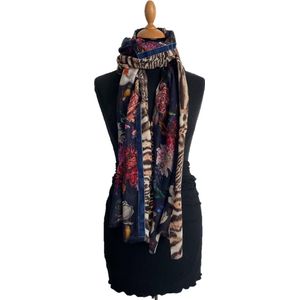 HIGHFIELD SHAWL DESSIN “FLOWER-ANIMAL” WOL, 70CM X 180CM. KLEUR NAVY-MULTICOLOUR