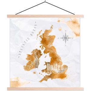 Posterhanger incl. Poster 120x120 cm - Schoolplaat - Wereldkaart - Waterverf - Goud - Textielposter - Blanke latten
