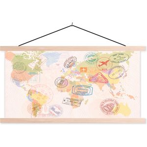 Posterhanger incl. Poster 150x75 cm - Schoolplaat - Wereldkaart - Stempels - Kleuren - Textielposter - Blanke latten