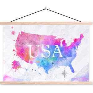 Posterhanger incl. Poster 60x40 cm - Schoolplaat - Wereldkaart - Waterverf - Verenigde Staten - Textielposter - Blanke latten