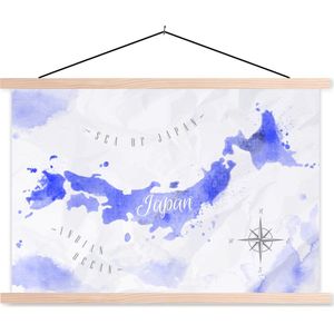 Posterhanger incl. Poster 120x80 cm - Schoolplaat - Waterverf - Wereldkaart - Blauw - Textielposter - Blanke latten