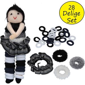 Haar Elastiekjes Bewaarpop met Haarelastiekjes – Zwart – 20x6x4cm | Elastische Bandjes Bewaren | 3 Verschillende Formaten Haarbandjes