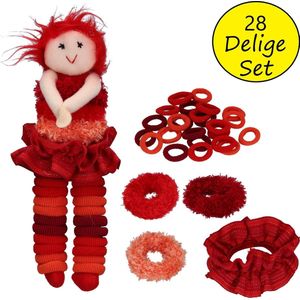 Haar Elastiekjes Bewaarpop met Haarelastiekjes – Rood – 20x6x4cm | Elastische Bandjes Bewaren | 3 Verschillende Formaten Haarbandjes