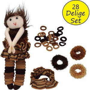 Haar Elastiekjes Bewaarpop met Haarelastiekjes – Bruin – 20x6x4cm | Elastische Bandjes Bewaren | 3 Verschillende Formaten Haarbandjes