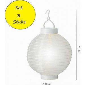 Alma Garden Tuinlampionnen op Zonne-Energie 3 Stuks 20 cm – Polyester – Wit