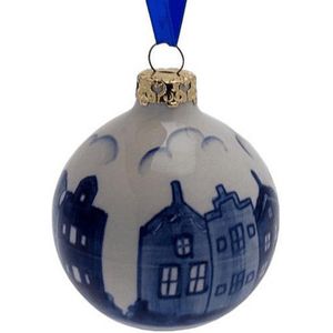 Kerstbal Grachtenpanden - Delfts blauw - Keramiek - 7 cm