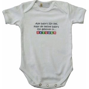 Witte romper met ""Alle baby's zijn lief, maar de liefste baby's zijn geboren in... Oktober"" - maat 62/68 - babyshower, zwanger, cadeautje, kraamcadeau, grappig, geschenk, baby, tekst, bodieke