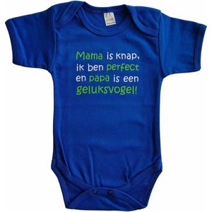 Blauwe romper met ""Mama is knap, ik ben perfect en papa is een geluksvogel"" - maat 80 - babyshower, zwanger, cadeautje, kraamcadeau, grappig, geschenk, baby, tekst, bodieke, vader, vaderdag, moeder, moederdag