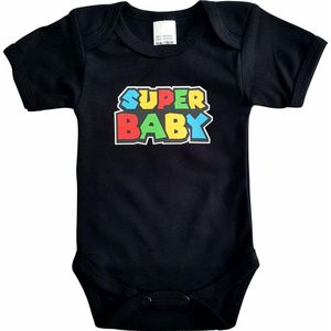 Zwarte romper met ""Super baby"" - maat 80 - babyshower, zwanger, cadeautje, kraamcadeau, grappig, geschenk, baby, tekst, bodieke, gamen
