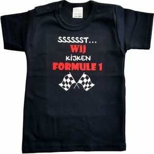Zwart baby t-shirt met ""Sssssst... Wij kijken Formule 1"" - maat 80 - babyshower, zwanger, cadeautje, kraamcadeau, grappig, geschenk, baby, tekst, bodieke, vaderdag, verjaardag, opa en oma dag